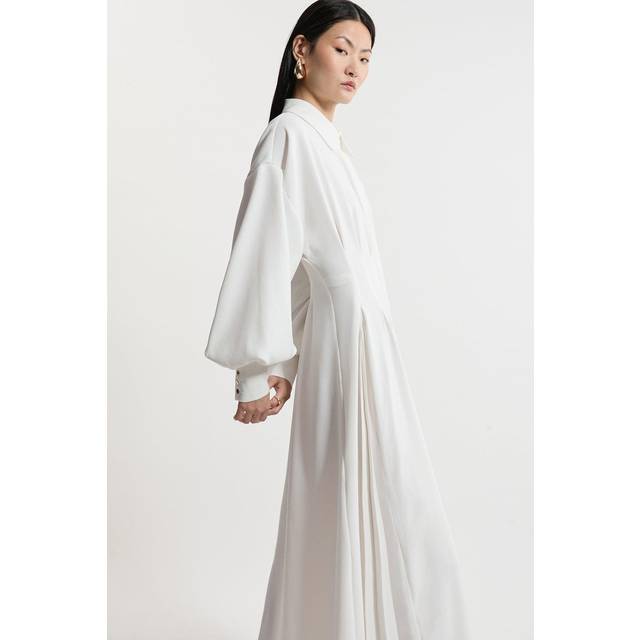 Compact Stretch Viscose Long Sleeve Woven Maxi Shirt Dress - Ivory