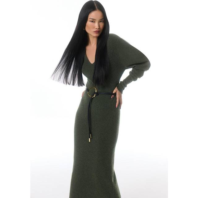 Alpaca Wool Blend Full Sleeve All Over Ribbed V Neck Knit Dress - Olive