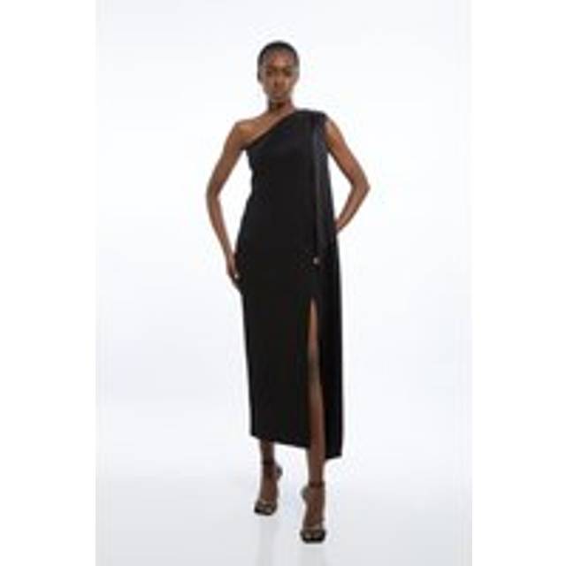 Viscose Satin Back Crepe Tailored One Shoulder Cape Maxi Dress - Black