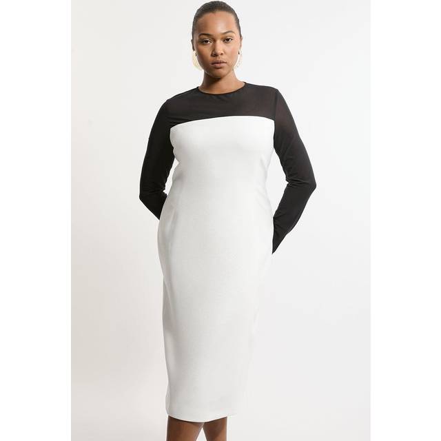 Plus Size Compact Stretch Sheer Insert Tailored Midi Dress - Ivory