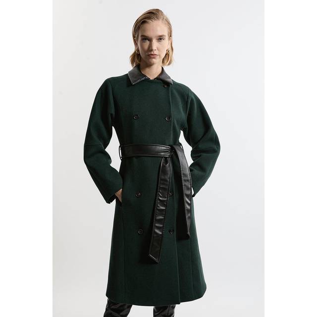 Premium Italian Manteco Wool Rounded Sleeve Belted Tailored Midi Coat - Green
