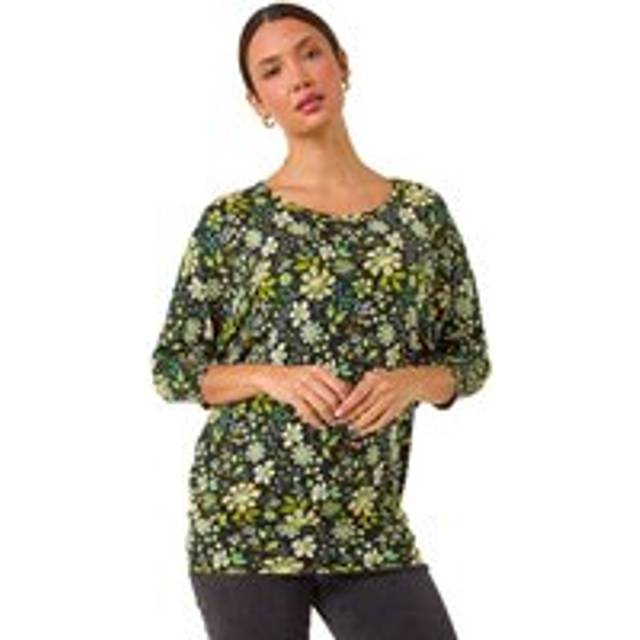Floral Print Stretch Batwing Top - Green - Size 14 - Roman