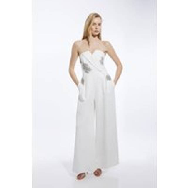 Petite Crystal Embellished Bandeau Tailored Wide Leg Jumpsuit - Ivory