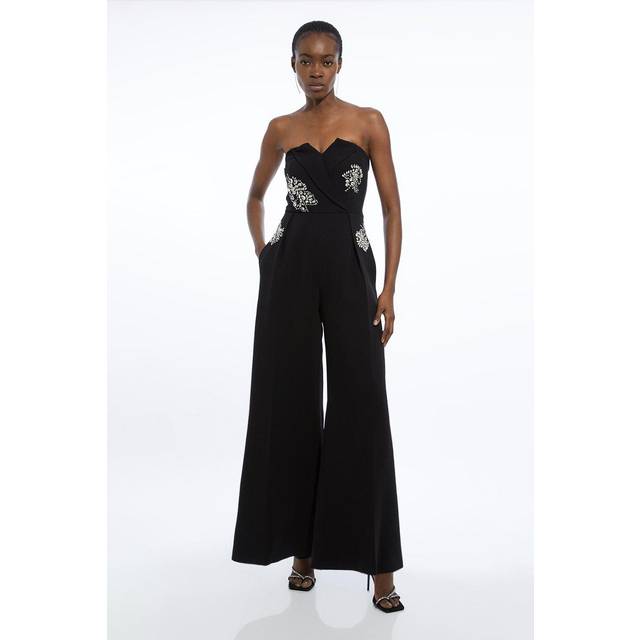 Crystal Embellished Bandeau Wrap Tailored Wide Leg Contrast Jumpsuit - Black