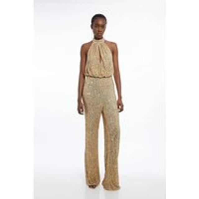Tall Halter Jersey Stretch Sequin Wide Leg Jumpsuit - Gold