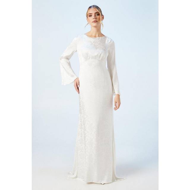 Oasis Womens Peony Satin Jacquard Flare Sleeve Wedding Dress - Ecru - Size 6 UK