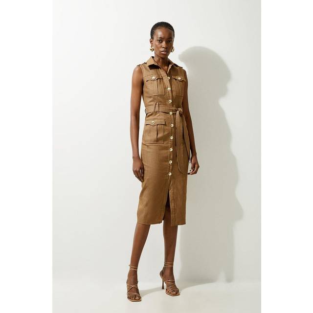 Tall Tailored Denim Cargo Pocket Belted Midi Shirt Dress - Tan