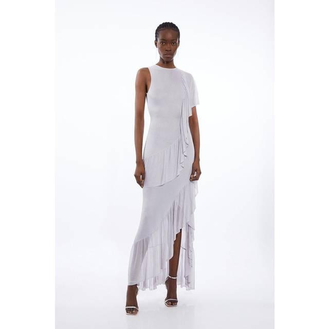 Slinky Knit Woven Mix Ruffle Maxi Dress - Silver