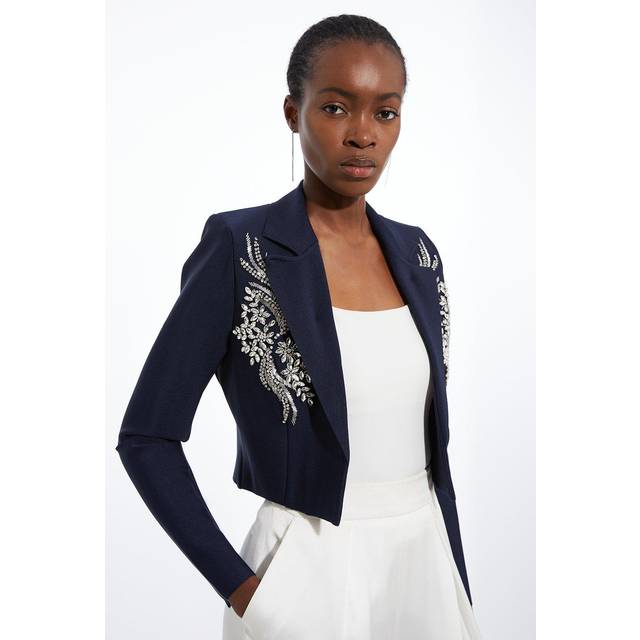 Figure Form Bandage Embellished Cropped Jacket - Navy