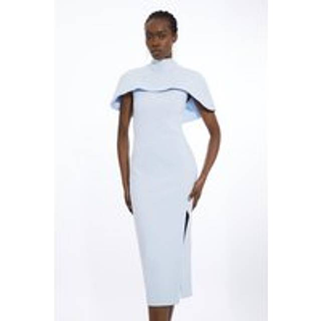 Compact Stretch Caped Cap Sleeved Neck Tie Tailored Midi Dress - Pale Blue