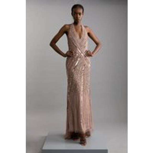 Petite Metallic Embellished And Beaded Halter Maxi Dress - Pink