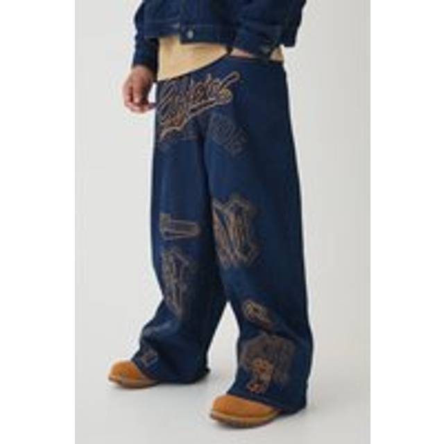 Mens Indigo Balloon Fit Rigid Contrast Stitch Ripped Jeans
