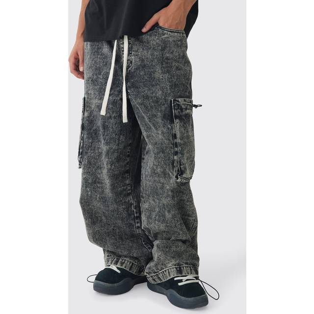 Elasticated Waist Parachute Acid Wash Cargo Jeans - Black - 36R