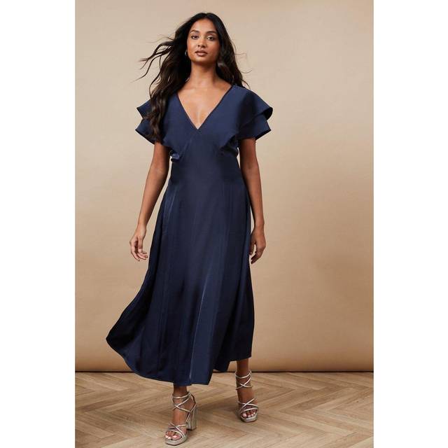 Oasis womens fit and flare dress satin ruffle sleeve v neck navy midi