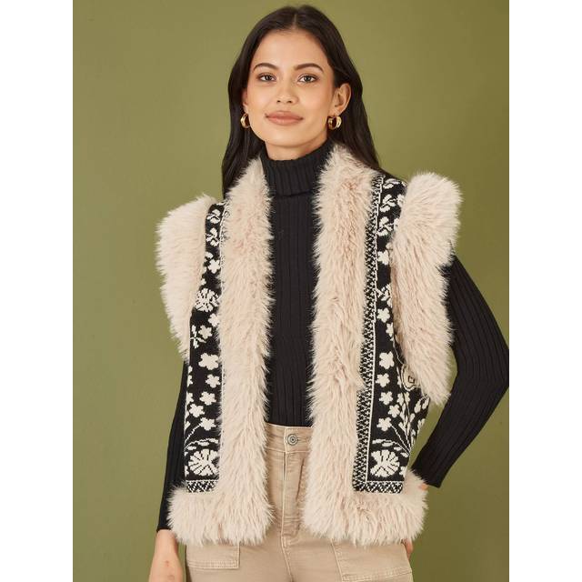 Yumi Cream Knitted Folk Fur Trimmed Gilet - Size M/L UK - Yumi