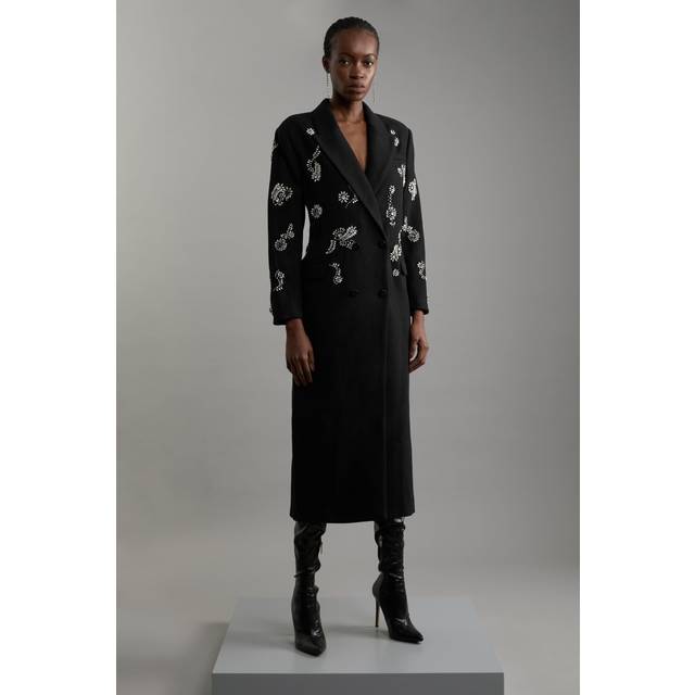 Tailored Wool Blend Embellished Maxi Coat - Black