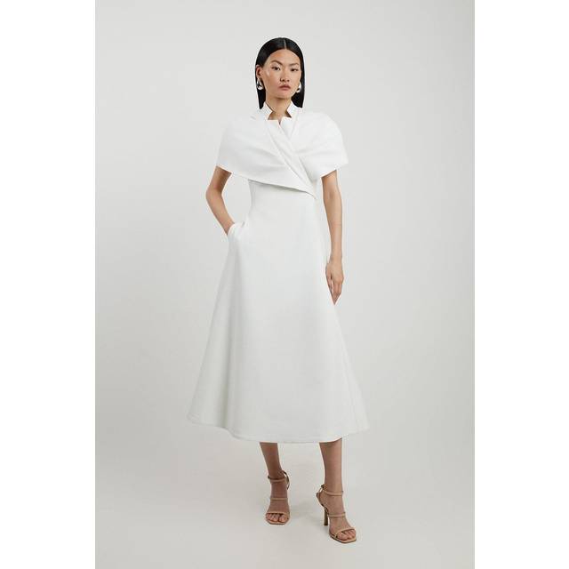 Petite Structured Crepe Cape Detail Full Skirted Tailored Midi Dress - Ivory
