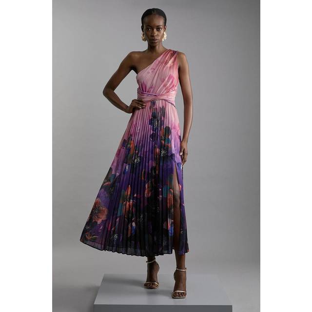 Ombre Floral Soft Pleated One Shoulder Maxi Dress - Purple