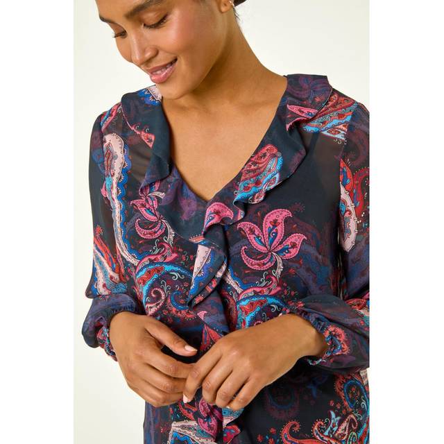 Roman Womens Paisley Print Frill Top - Purple - Size 10 UK