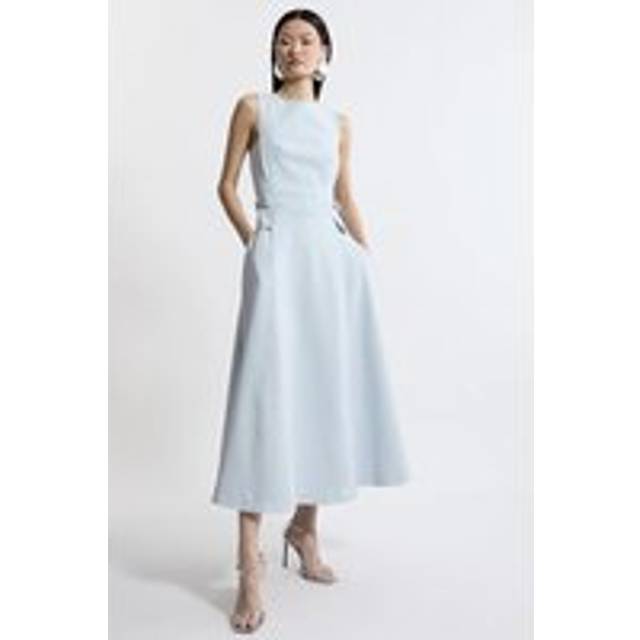 Petite Compact Stretch Tab Waist Detail Full Skirt Midi Dress - Pale Blue