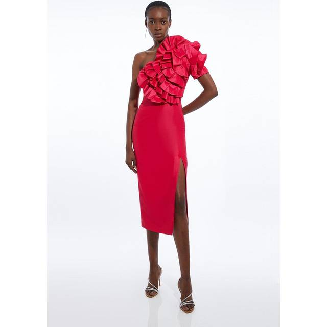 Metallic Taffeta Rosette Maxi Bardot Dress - Pink