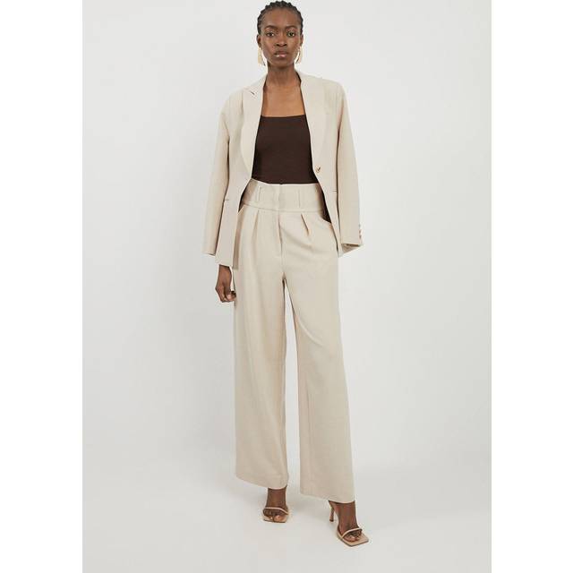 Petite Tailored High Waisted Pleated Wide Leg Trousers - Beige