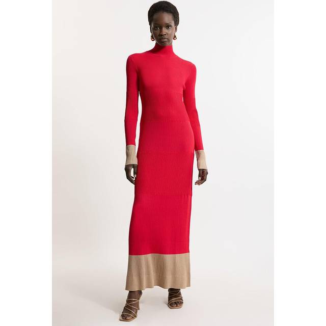 Drapey Ribbed Knit Column Maxi Dress - Red