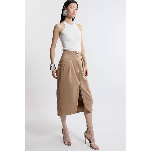 Tailored Cotton Pocket Midi Skirt - Camel