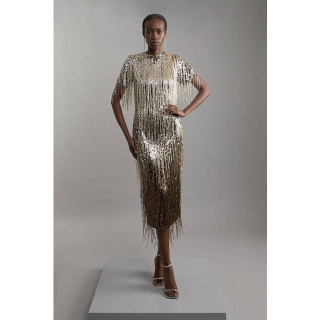 Petite Embellished And Beaded Tassel Woven Maxi Dress - Gold
