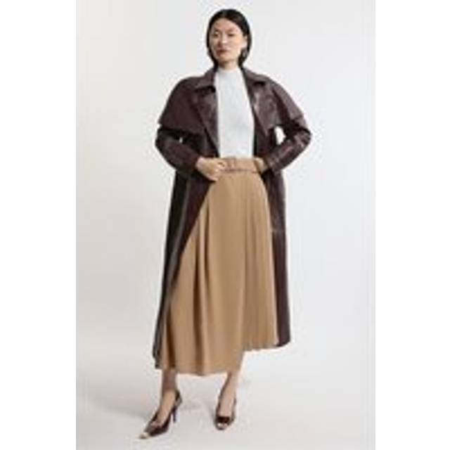 Petite Size Soft Tailored Crepe Belted Pleated Midi Skirt - Camel