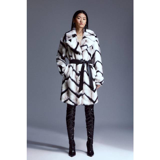 Mono Faux Fur Belted Longline Coat - Mono