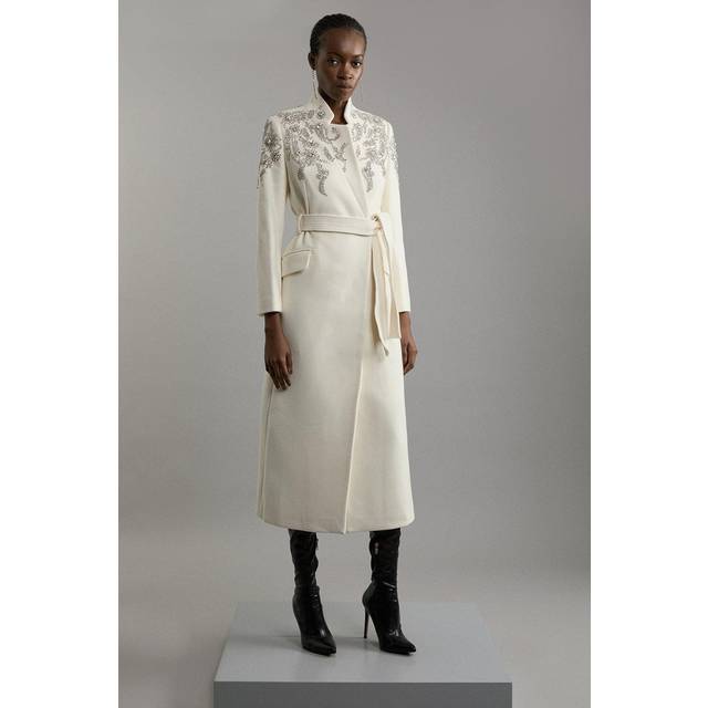 Wool Blend Crystal Embellished Notch Neck Belted Midaxi Coat - Ivory