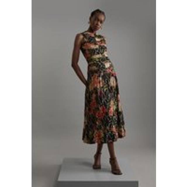 Floral Printed Viscose Metallic Thread Beaded Woven Midaxi Dress - Black