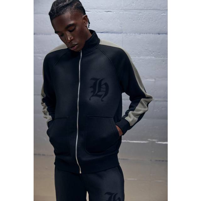Oversized Washed Stencil Spray Graphic Harrington Jacket - Black - L
