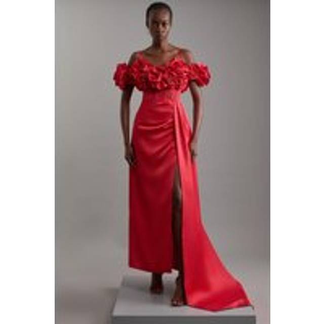 Tall Rosette Corset Lace Up Back Midaxi Dress - Red