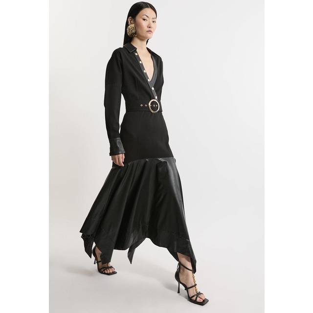 Belted Pu And Ponte Jersey Frill Hem Midi Dress - Black