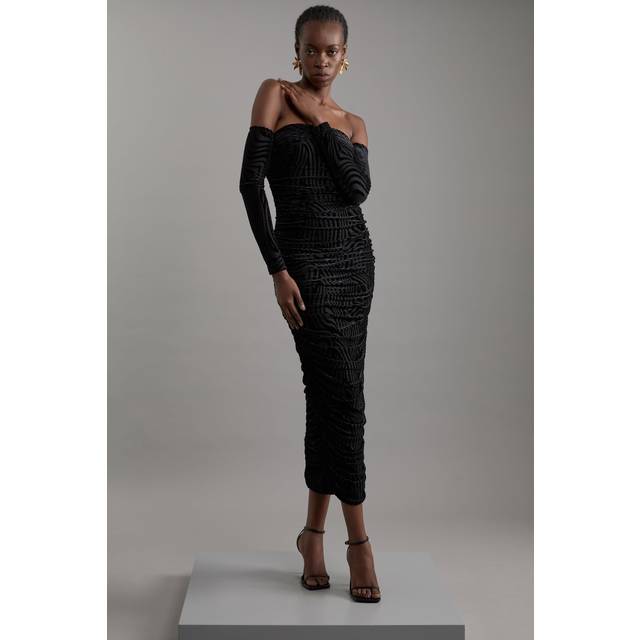 Velvet Devore Jersey Bardot Midi Dress - Black