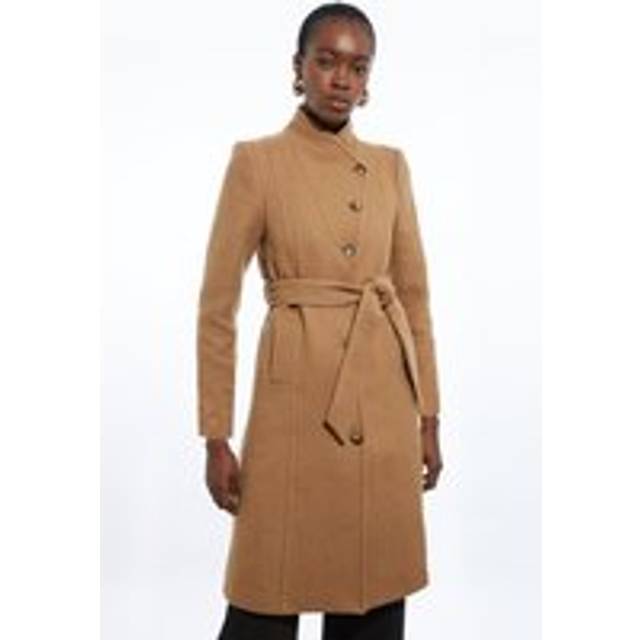 Petite Italian Manteco Wool Blend Asymmetric Button Belted Tailored Midi Coat - Camel