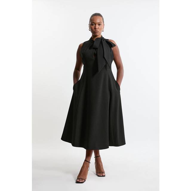 Plus Size Compact Stretch Tie Neck Full Skirted Midi Dress - Black