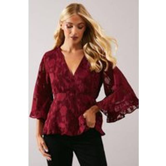 Womens Petite Occasion Jacquard Ruffle Wrap Blouse - Wine - 14