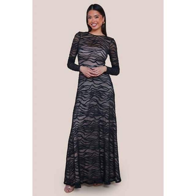 Goddiva Geo Wave Flare Skirt Long Sleeve Maxi Dress - Black - 8