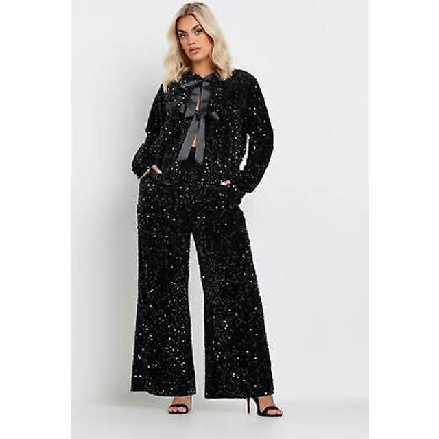Yours Curve Black Sequin Wide Leg Trousers, Women's Curve & Plus Size, Yours - 30-32