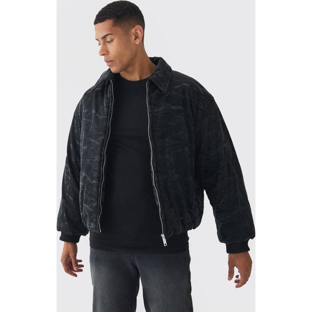 Liquid Satin Pu Padded Collared Bomber Jacket In Black - XS
