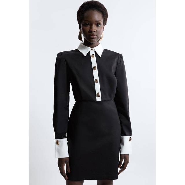 Petite Techno Cotton Woven Mini Shirt Dress With Gold Clasps - Mono
