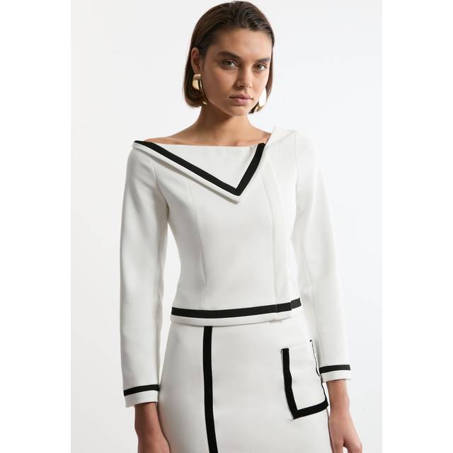 Compact Stretch Contrast Tipped Asymmetric Jacket - Ivory
