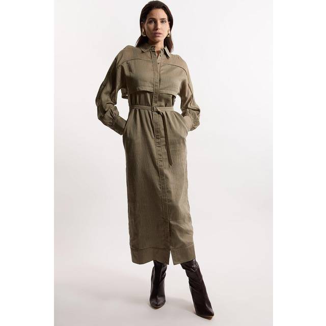 Petite Long Sleeve Slub Woven Midaxi Dress - Khaki/Green