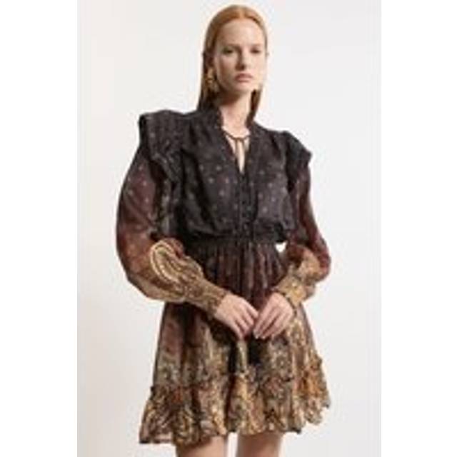 Frill Detail Sleeve Paisley Print Cotton Woven Mini Dress - Desert Yellow