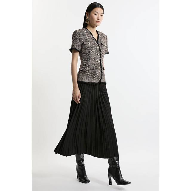 Wool Mix Boucle Tweed Tailored Pleated Maxi Dress