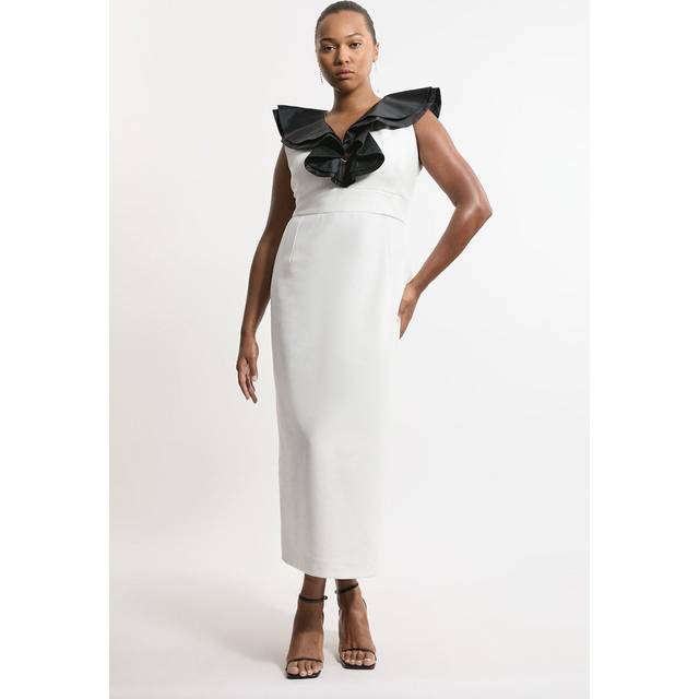 Plus Size Compact Stretch Taffeta Ruffle Tailored Midi Dress - Ivory