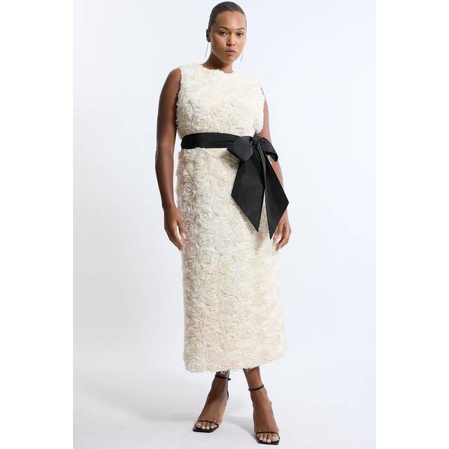 Plus Size Textured Rosette Bow Belted Pencil Dress - Ivory
